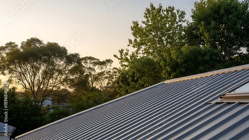 Corrugated Iron Roof Gleaming in Dusk Light Amongst Woodland Trees