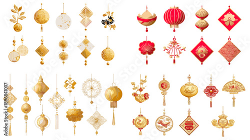 Watercolor Chinese New Year hanging ornaments set with lanterns, tassels, and lucky charms in red and gold. Festive decoration collection for Lunar New Year design.
