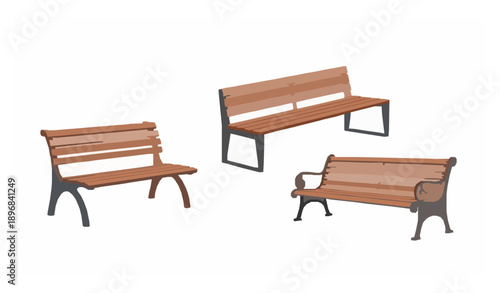 Minimal wooden and metal park bench vector illustration with outdoor seating designs isolated on white