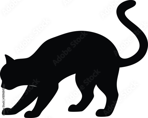 A sleek black silhouette of a cat in a dynamic prowling pose