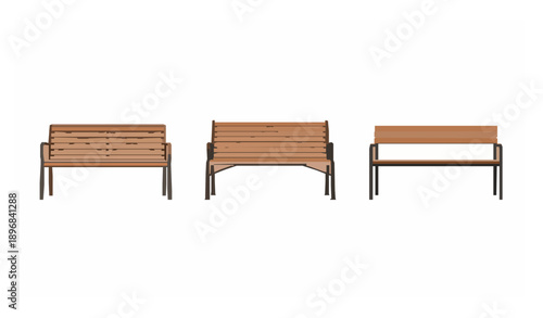 Park wooden and metal bench vector illustration set with urban outdoor seating isolated on white