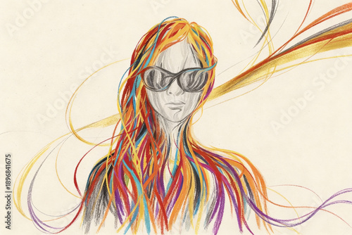 Colored pencil drawing of a woman with long multicolored hair wearing sunglasses. Artistic portrait on light background with dynamic lines representing creativity and style.