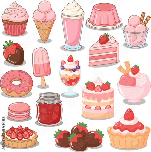 Strawberry desserts. Set of delicious sweets and desserts with strawberry flavor for valentine day