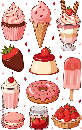 Strawberry desserts. Set of delicious sweets and desserts with strawberry flavor for valentine day