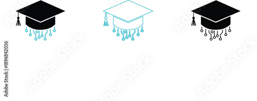 Graduation cap icons with digital circuit elements representing online education and technology in learning isolated on white background