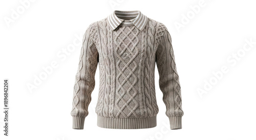 Men's Beige Cable Knit Polo Sweater
