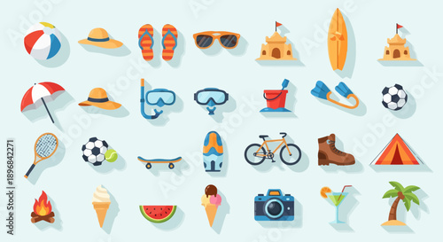 Collection of Summer Vacation and Beach Icons.