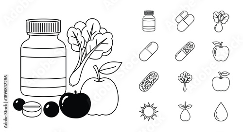 Line art illustration of vitamins fruits and supplement capsules