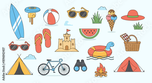 Collection of Summer Vacation and Beach Icons.