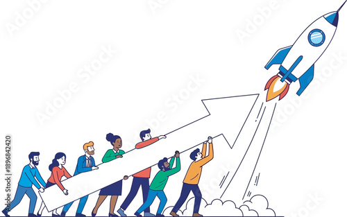 Business Team Lifting a Giant Arrow Pointing Toward a Launching Rocket