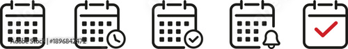 Business calendar icon set with clock, checkmark, and notification bell. Minimalist schedule planner vector for appointments and task reminders.