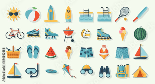 Collection of Summer Vacation and Leisure Activity Icons.