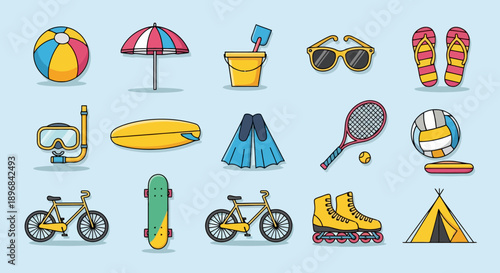 Collection of Summer Vacation and Outdoor Activity Icons.