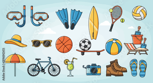 Collection of Summer Vacation and Sports Equipment Icons.