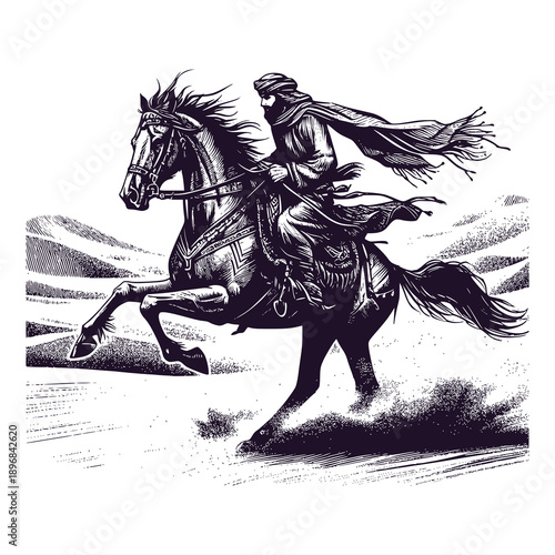 Arabic man riding a horse in the desert