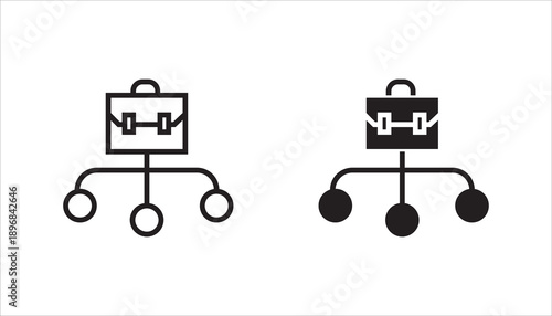 Line icon illustrating a briefcase connected to multiple nodes, representing business organization structure, management hierarchy, workflow, and team coordination.