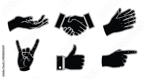 Collection of black silhouette icons depicting gestures and objects