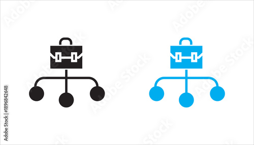 Line icon illustrating a briefcase connected to multiple nodes, representing business organization structure, management hierarchy, workflow, and team coordination.