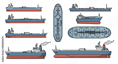 Collection of tanker ship illustrations from different angles.