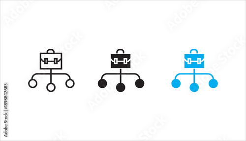 Line icon illustrating a briefcase connected to multiple nodes, representing business organization structure, management hierarchy, workflow, and team coordination.