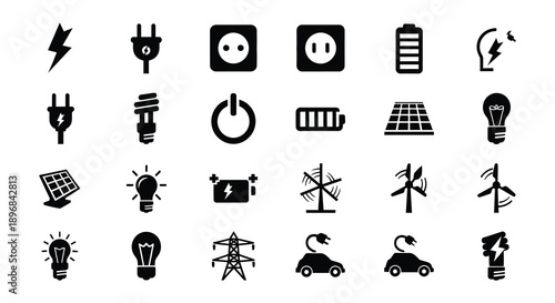 Collection of black and white energy and electricity related icons