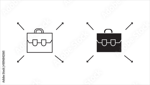 Line icon of a business briefcase surrounded by directional arrows, symbolizing business growth, expansion, strategy, and management planning. Suitable for corporate, startup, and finance concepts.