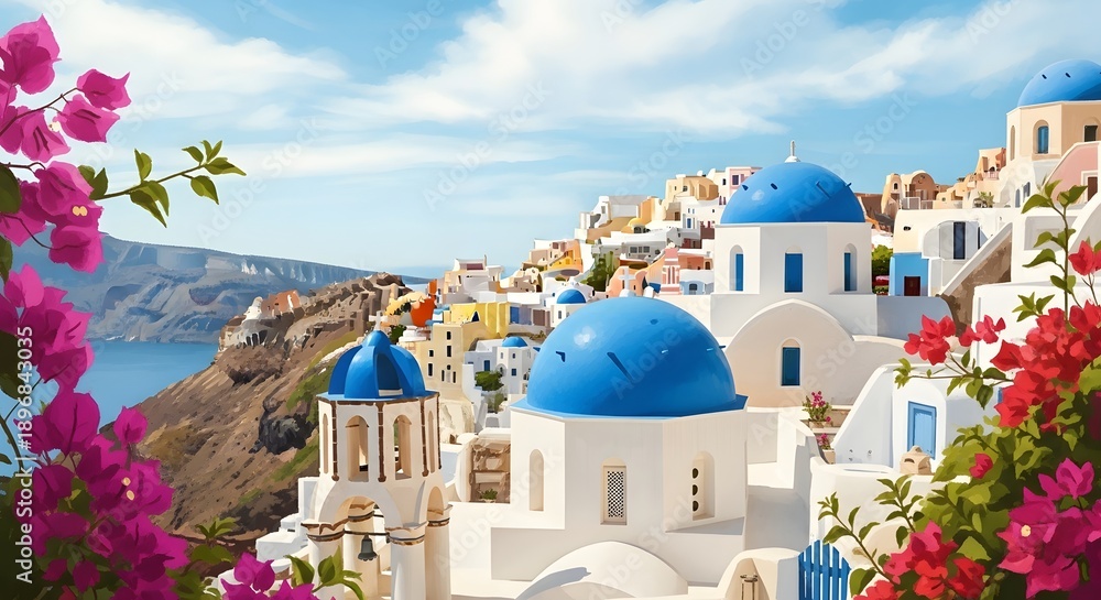 Fototapeta premium Picturesque view of traditional white buildings and blue domes in santorini greece
