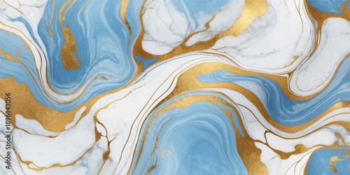 Abstract blue background texture with flowing yellow and gold paint waves in a liquid swirl pattern design for an art backdrop