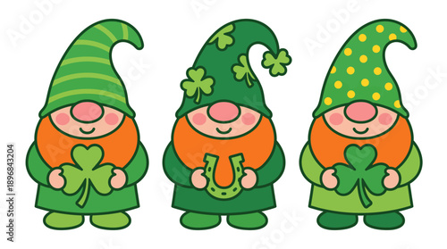 Three cheerful leprechauns in green outfits and hats hold shamrocks in a festive St. Patrick's Day illustration