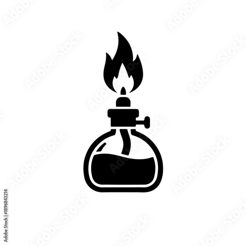 Traditional laboratory alcohol burner icon. Features a classic rounded glass base, cotton wick, and steady flame. Minimalist black and white design representing vintage pharmacy, apothecary tools