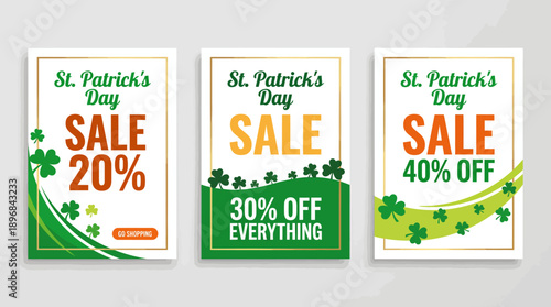 St. Patrick's Day sale posters set featuring green shamrock banners with 20%, 30% off, and 40% off promotions