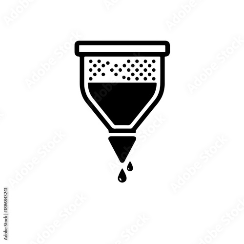 Separating funnel icon in solid black and white style. Representing liquid-liquid extraction process, chemistry laboratory equipment, and phase separation between two immiscible liquids