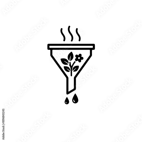 Creative eco-science icon combining a separating funnel with organic leaf elements. Represents herbal extraction, natural medicine research, organic chemistry, and sustainable laboratory