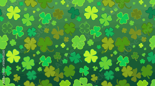 Seamless shamrock pattern with varied green clovers on a green background, ideal as St. Patrick's Day wallpaper or Irish nature-themed background.