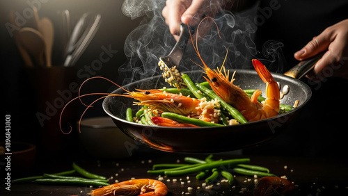 Shrimp Stir Fry with Green Beans in a Sizzling Pan with Steam Rising