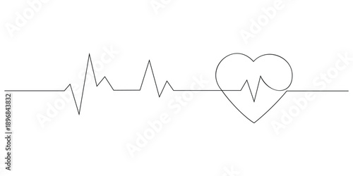 Continuous Line Drawing of Heartbeat and Love Symbol, Medical Health Concept