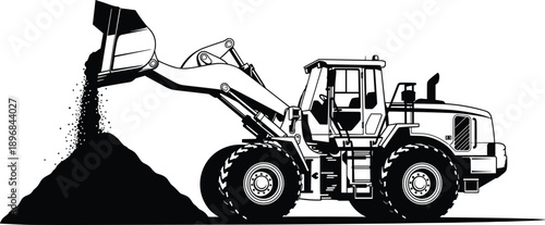 Black and white silhouette vector illustration of a heavy wheel loader machine dumping a pile of soil isolated on white background for construction industry.