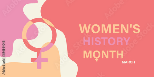 Women's History Month March banner with female symbol and abstract pastel background.