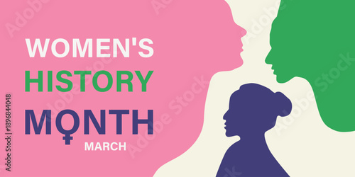 Women's History Month March banner with diverse female silhouettes and abstract design.
