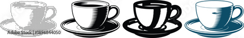 Four Coffee Cups and Saucers in Different Styles and Colors