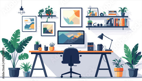 vector Organized Home Workspace Interior with Farmes
