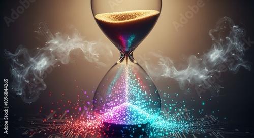 Glowing hourglass with colorful sand and smoke against dark background symbolizing time and creativity