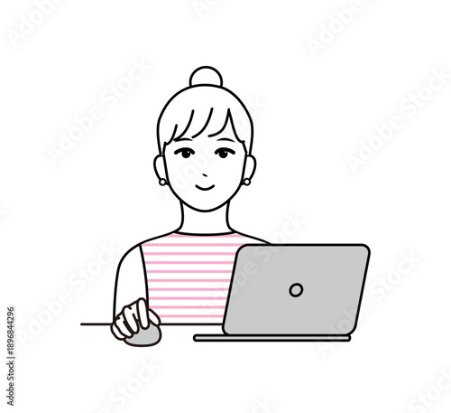 ノートパソコンを使って作業する女性のシンプルな線画で描いたイラスト