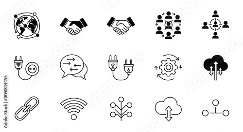 Collection of diverse black and white line icons representing technology and connection
