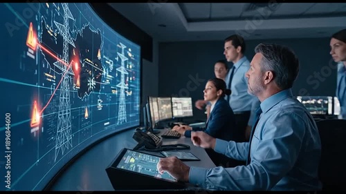 Team of engineers monitoring power grid data in control room
