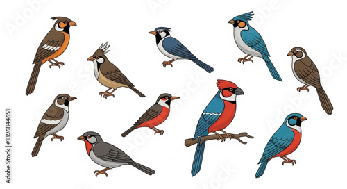 Collection of various colorful birds perched on branches.