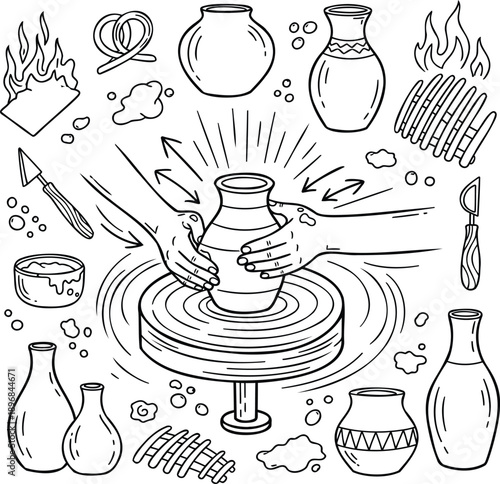 Pottery doodle vector illustration set, hands sculpting clay on a spinning wheel, various ceramic objects, tools, and elements
