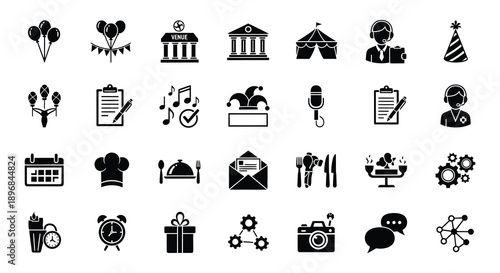 Black and white icons depicting celebration events and various objects