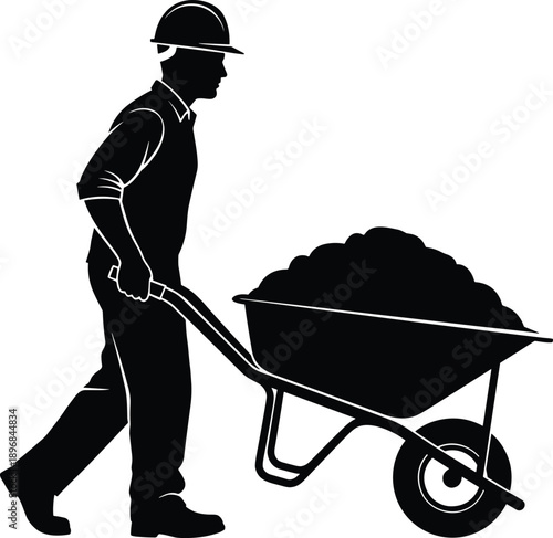 Black silhouette of construction worker wearing hard hat pushing wheelbarrow full of heavy load isolated on white background for industrial building labor vector illustration