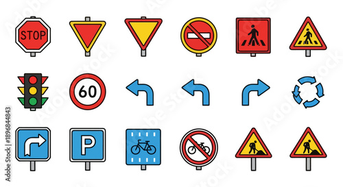 Collection of various traffic and road signs.